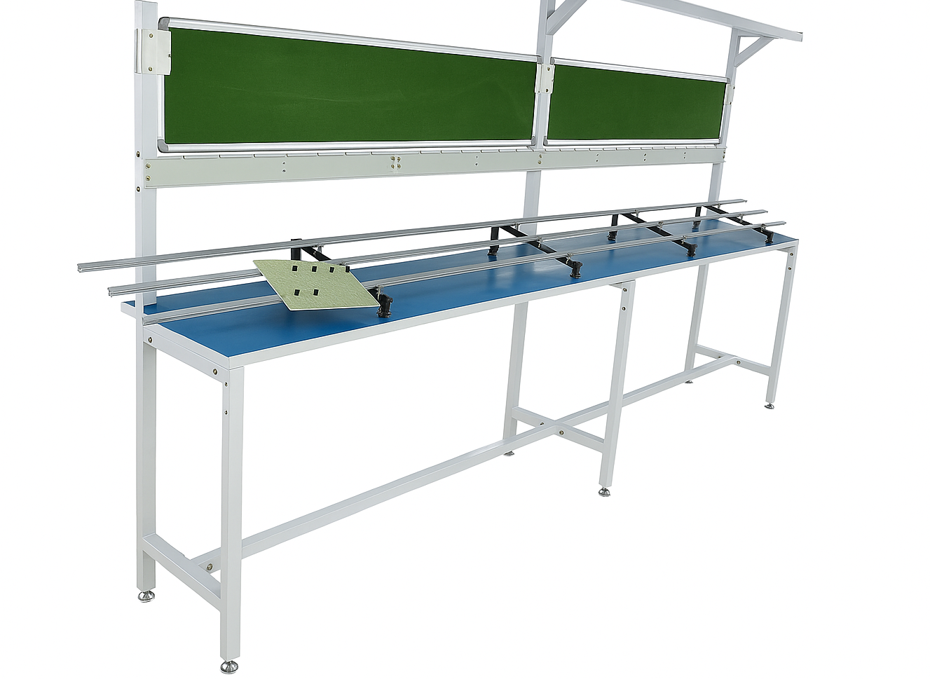 Cleanly designed workstation with green upper panels, blue work surface, and metal frame supporting conveyor rails.