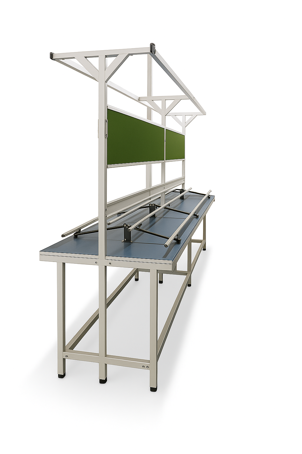 Industrial conveyor workstation with green backboard and blue tabletop featuring sturdy metal legs and overhead support bars.