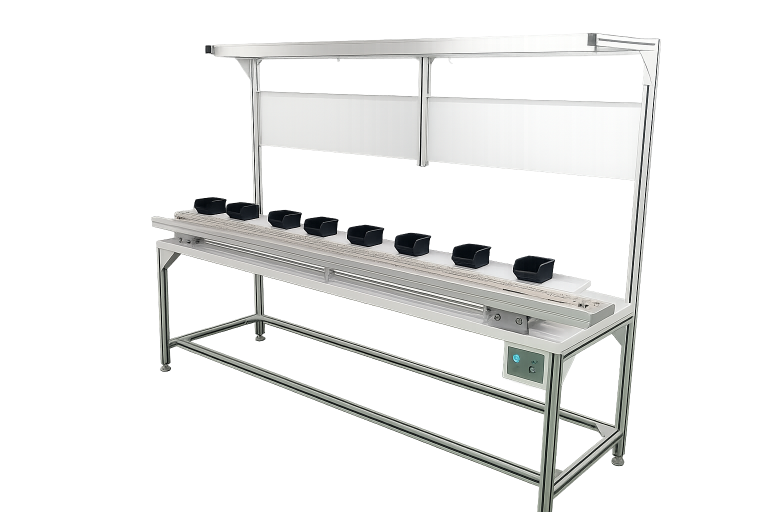 MI Line Motorized Single-Side Conveyor—7-meter chain-type conveyor in a PCB assembly line, featuring aluminium frame and adjustable bin trays for manual component insertion.