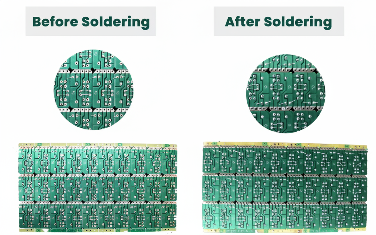 PCB soldering imgae before and after sodlering